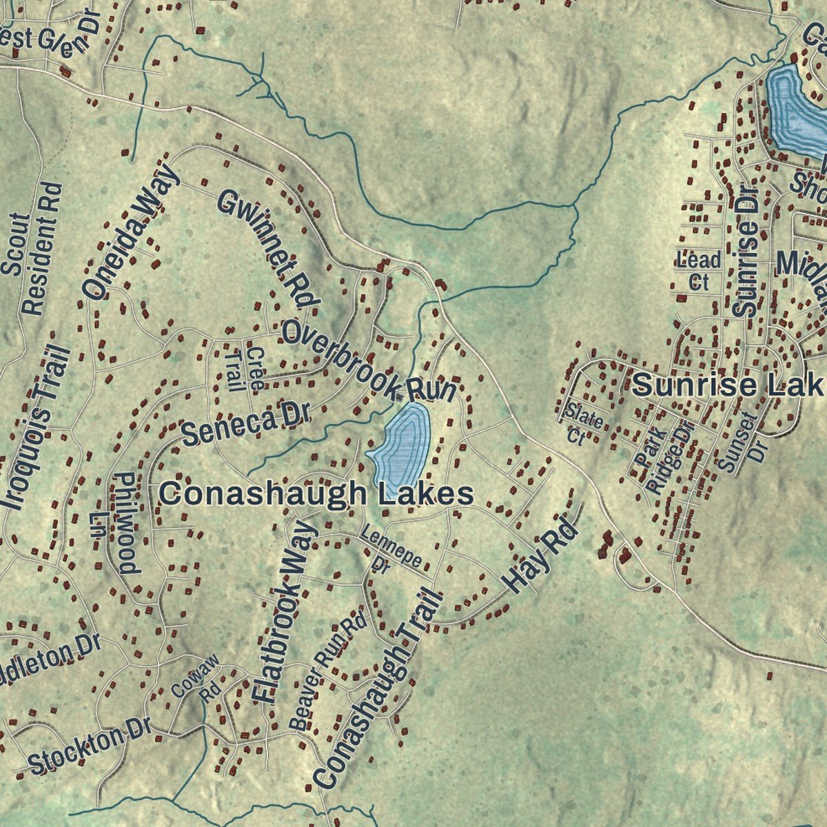 Second close-up of the map of Dingman, Pennsylvania print showing more streets and buildings