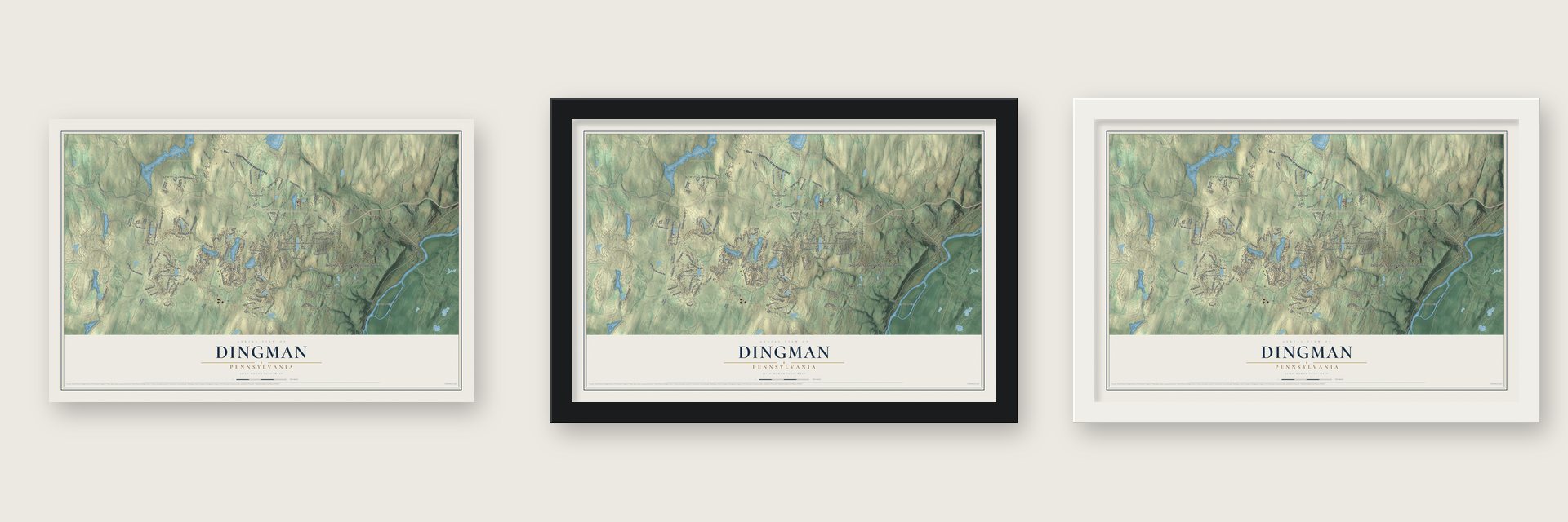 Dingman, Pennsylvania map unframed, in a black wood frame and in a white wood frame
