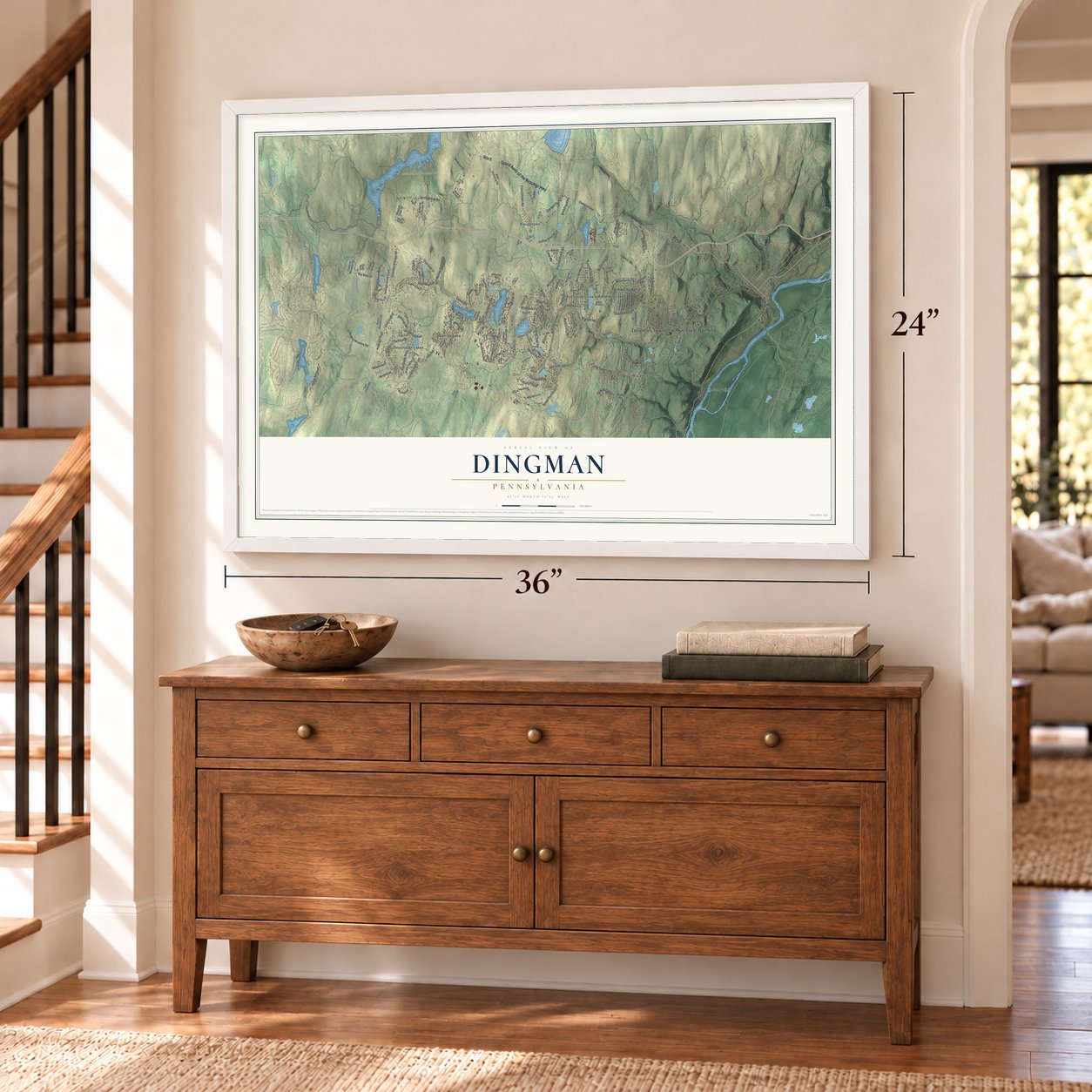 Dingman, Pennsylvania map, 24 x 36 inch print in a white frame above a dresser by a staircase