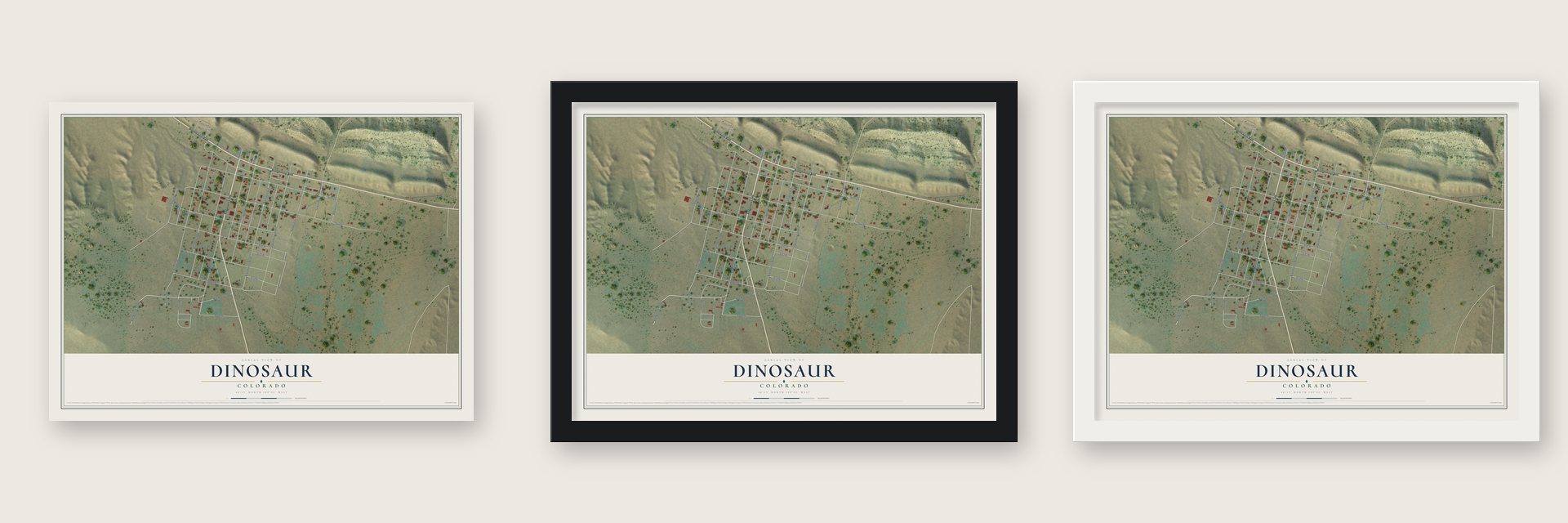 Dinosaur, Colorado map unframed, in a black wood frame and in a white wood frame