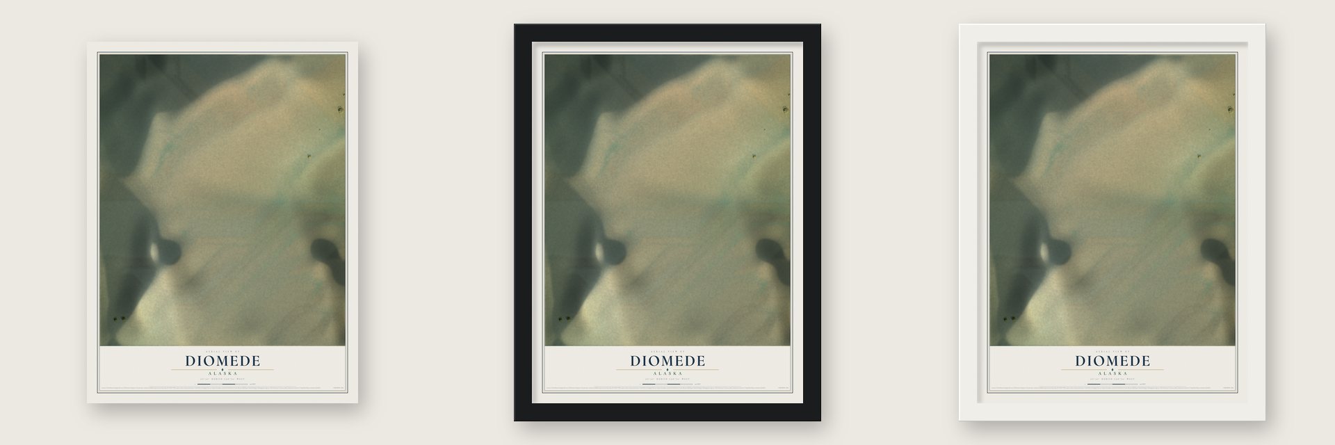 Diomede, Alaska map unframed, in a black wood frame and in a white wood frame