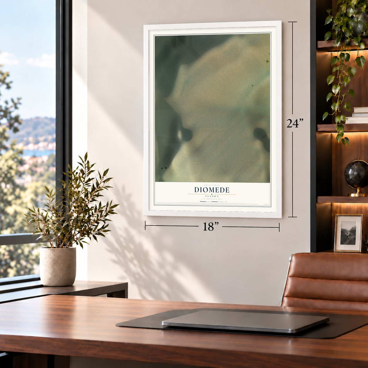 Diomede, Alaska map, 18 x 24 inch print in a white frame in a home office