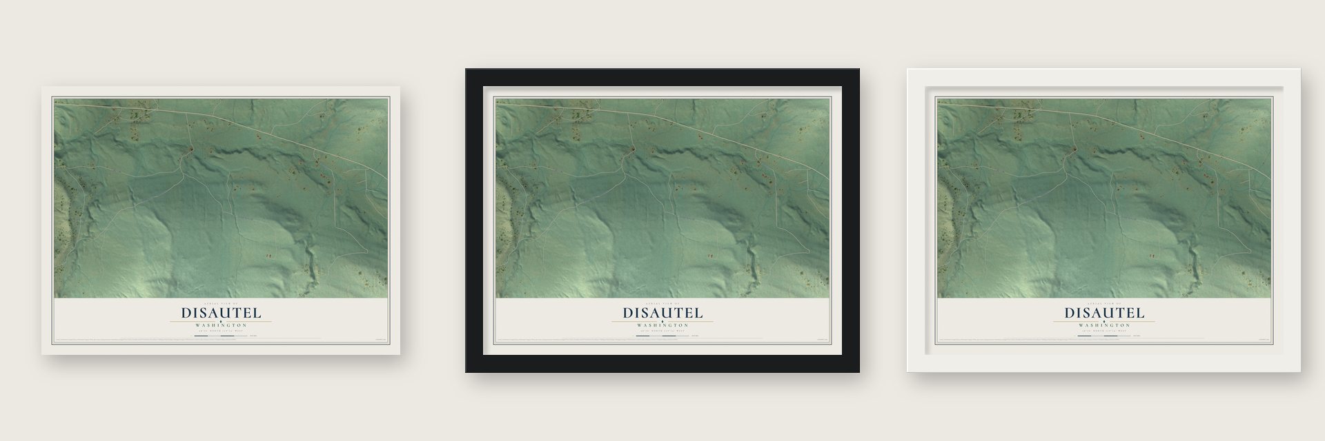 Disautel, Washington map unframed, in a black wood frame and in a white wood frame