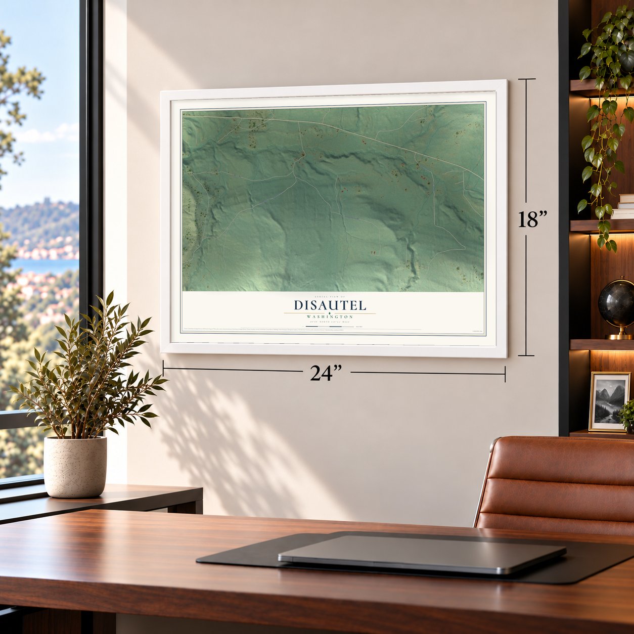Disautel, Washington map, 18 x 24 inch print in a white frame in a home office