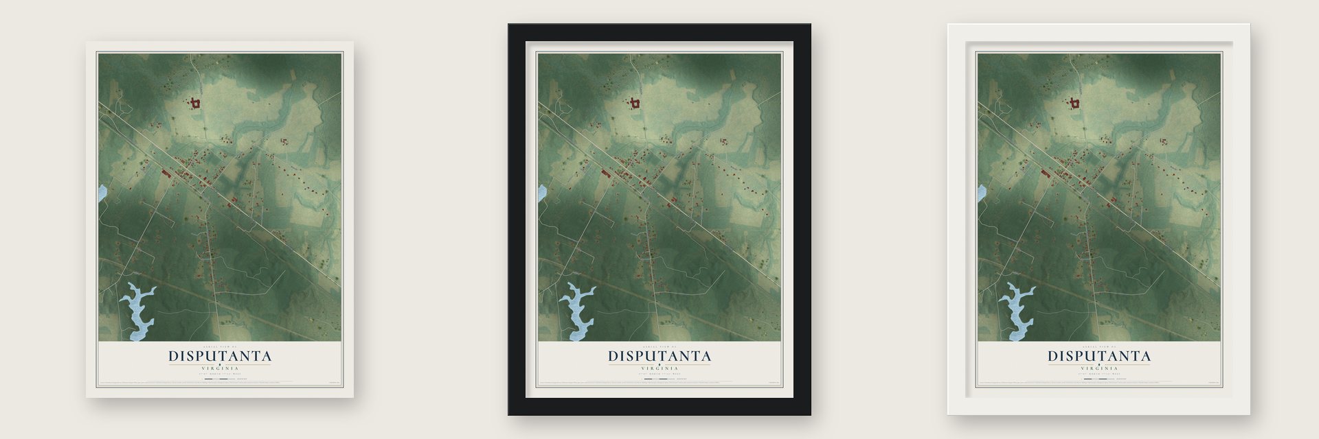 Disputanta, Virginia map unframed, in a black wood frame and in a white wood frame