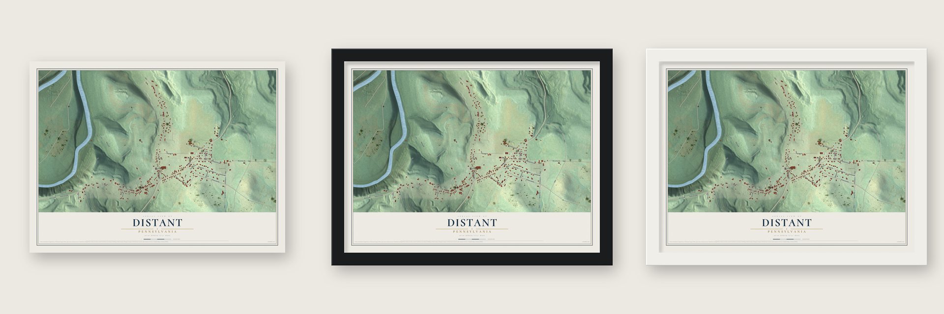 Distant, Pennsylvania map unframed, in a black wood frame and in a white wood frame