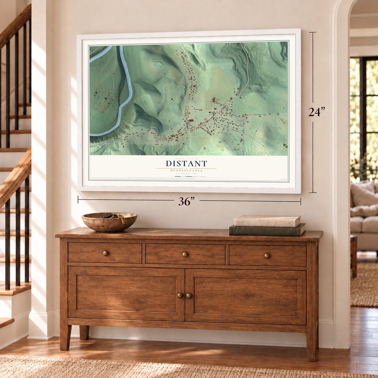 Distant, Pennsylvania map, 24 x 36 inch print in a white frame above a dresser by a staircase