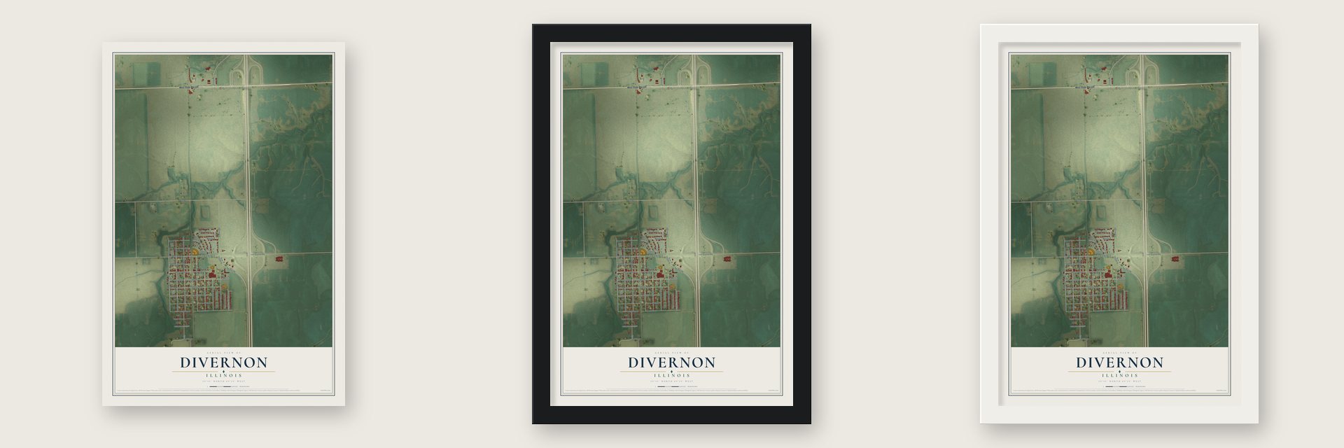 Divernon, Illinois map unframed, in a black wood frame and in a white wood frame