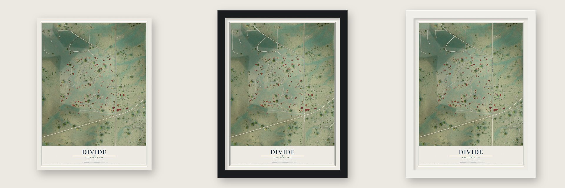 Divide, Colorado map unframed, in a black wood frame and in a white wood frame