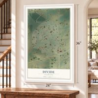 Divide, Colorado map, 24 x 36 inch print in a white frame by a staircase