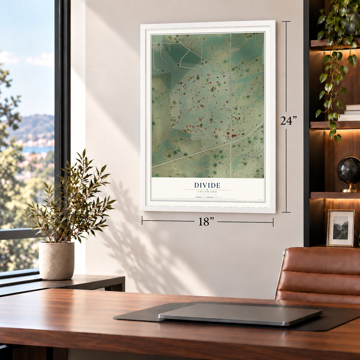 Divide, Colorado map, 18 x 24 inch print in a white frame in a home office