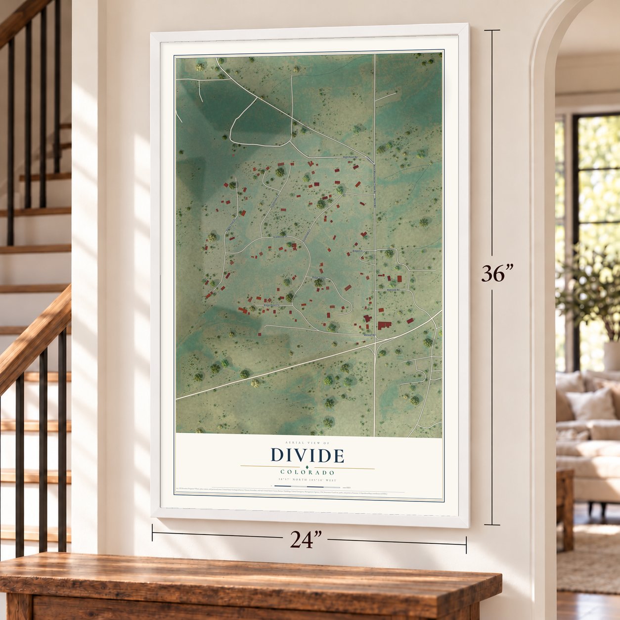 Divide, Colorado map, 24 x 36 inch print in a white frame by a staircase