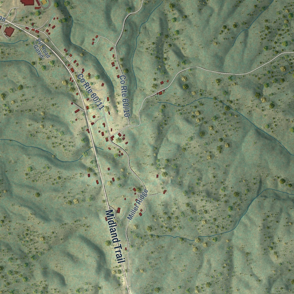 Second close-up of the map of Divide, West Virginia print showing more streets and buildings