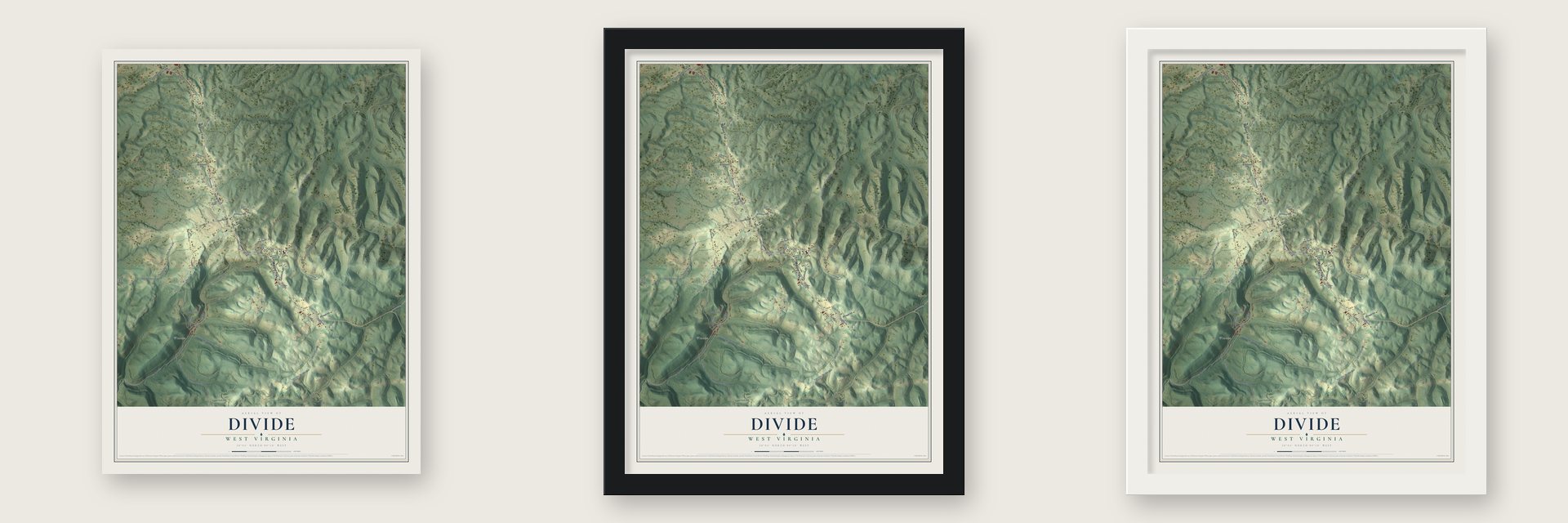 Divide, West Virginia map unframed, in a black wood frame and in a white wood frame