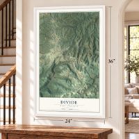 Divide, West Virginia map, 24 x 36 inch print in a white frame by a staircase