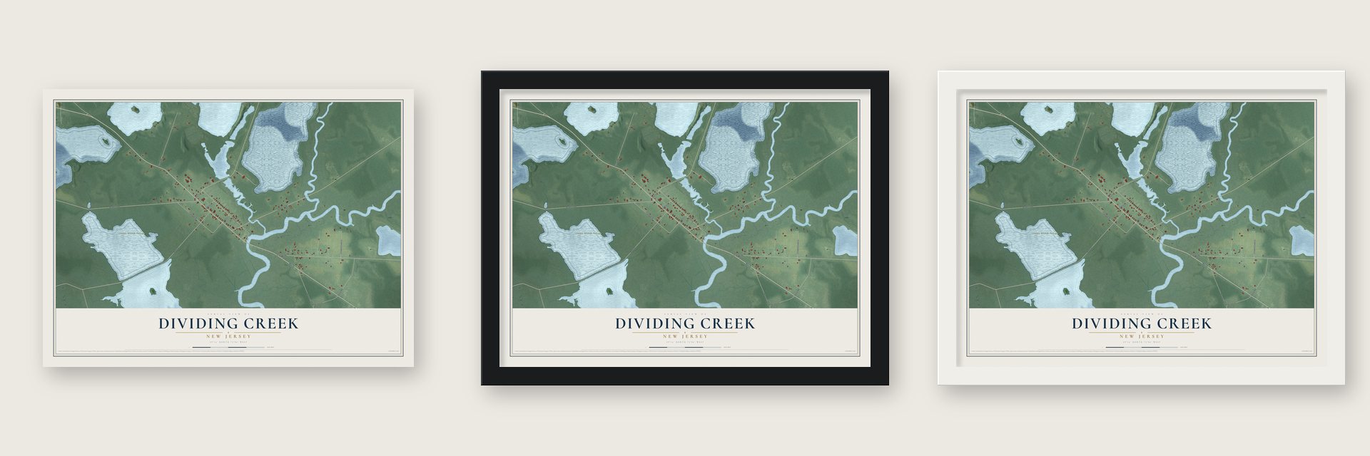 Dividing Creek, New Jersey map unframed, in a black wood frame and in a white wood frame