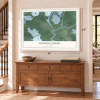 Dividing Creek, New Jersey map, 24 x 36 inch print in a white frame above a dresser by a staircase