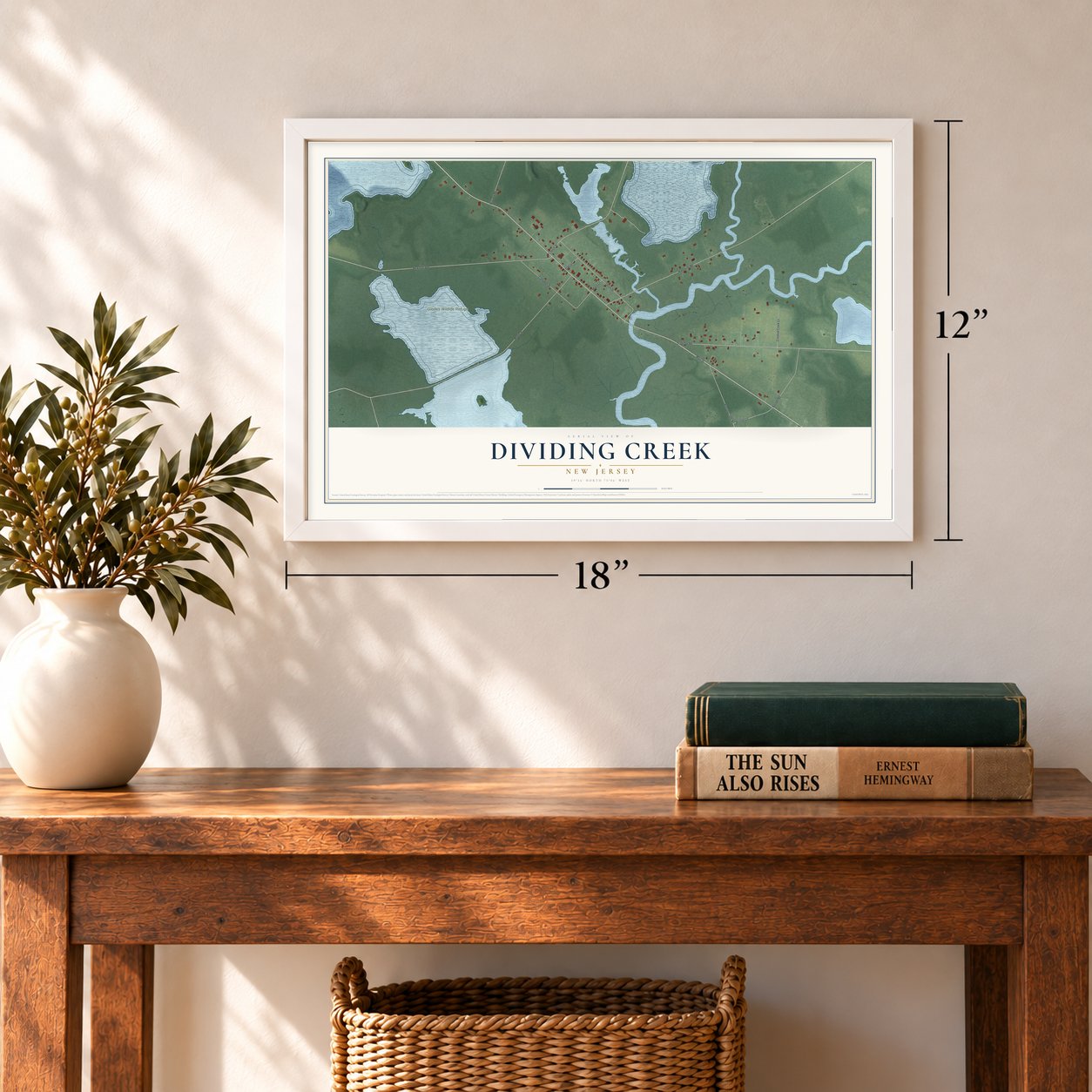 Dividing Creek, New Jersey map, 12 x 18 inch print in a white frame in an entryway