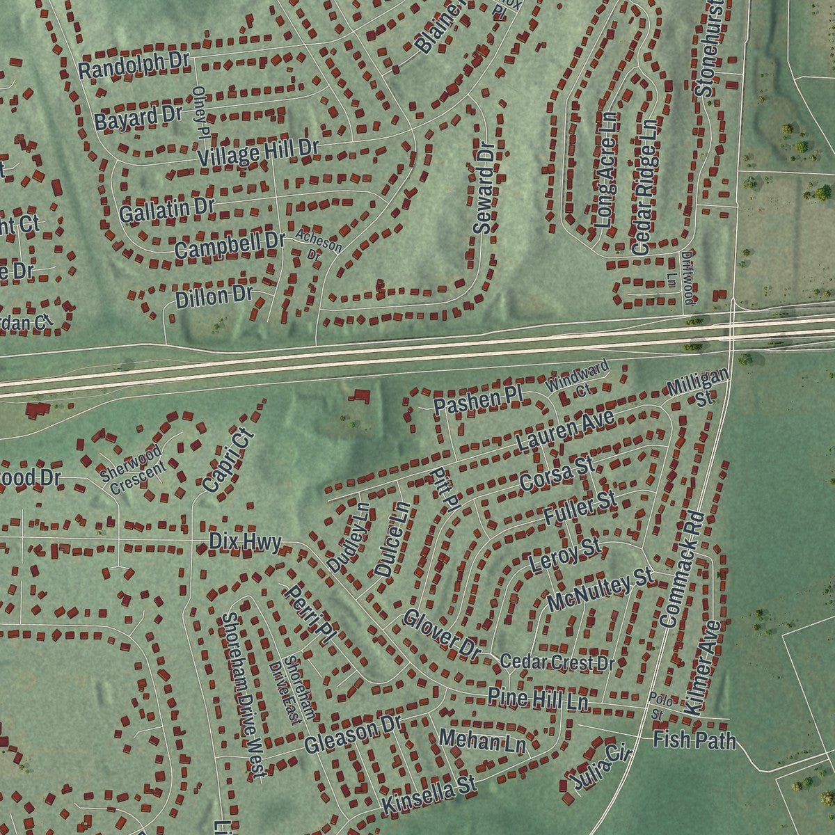 Second close-up of the map of Dix Hills, New York print showing more streets and buildings