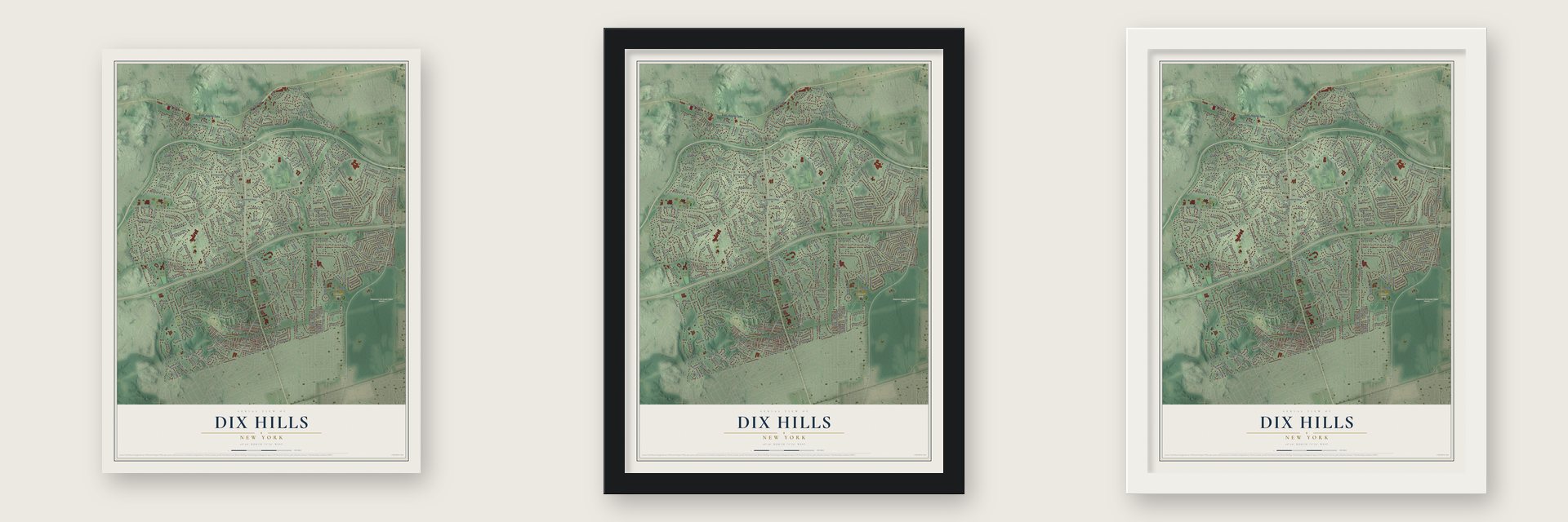 Dix Hills, New York map unframed, in a black wood frame and in a white wood frame