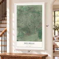 Dix Hills, New York map, 24 x 36 inch print in a white frame by a staircase