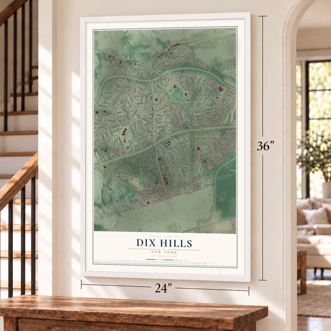 Dix Hills, New York map, 24 x 36 inch print in a white frame by a staircase