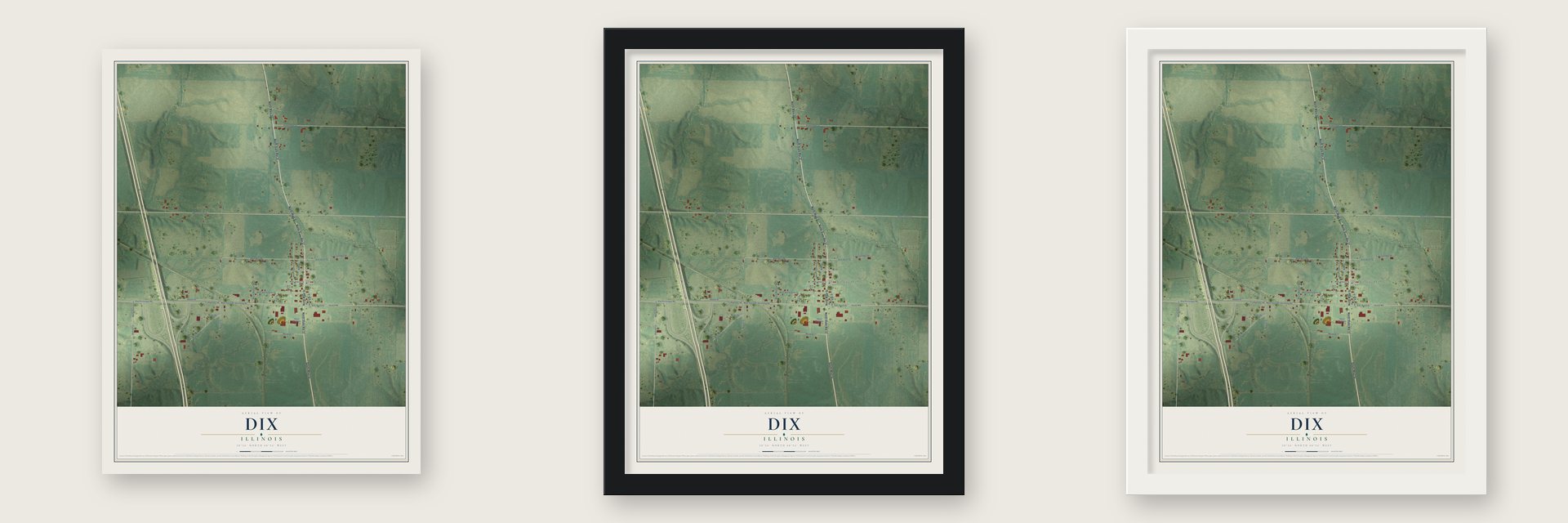 Dix, Illinois map unframed, in a black wood frame and in a white wood frame