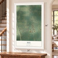 Dix, Illinois map, 24 x 36 inch print in a white frame by a staircase