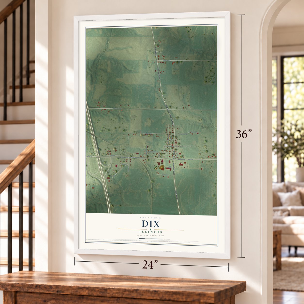 Dix, Illinois map, 24 x 36 inch print in a white frame by a staircase