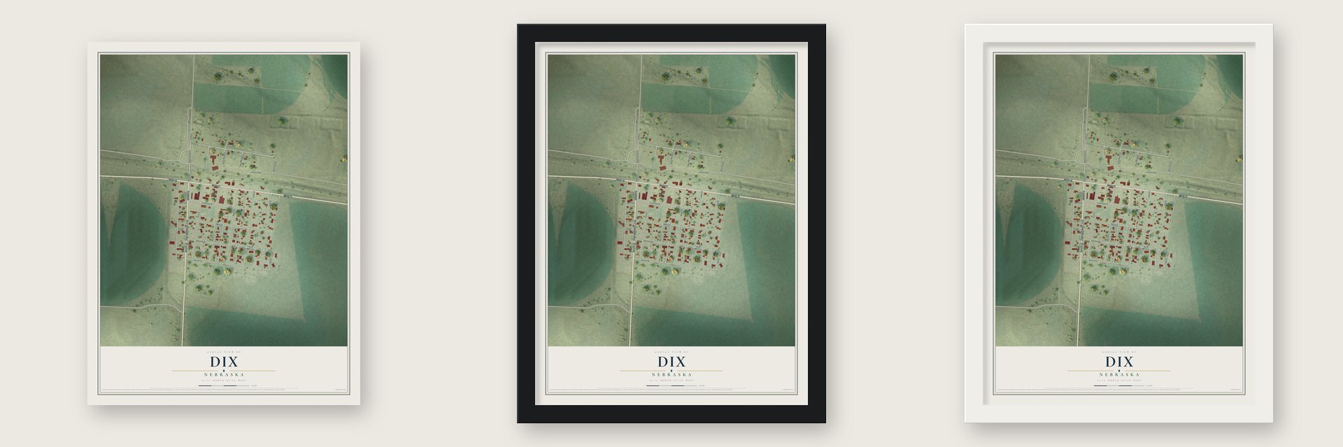 Dix, Nebraska map unframed, in a black wood frame and in a white wood frame