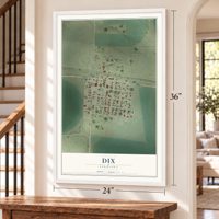 Dix, Nebraska map, 24 x 36 inch print in a white frame by a staircase