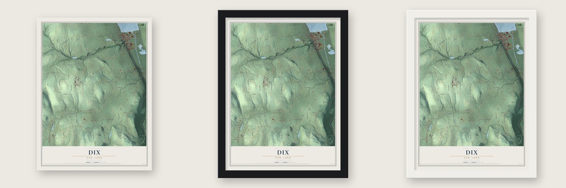 Dix, New York map unframed, in a black wood frame and in a white wood frame