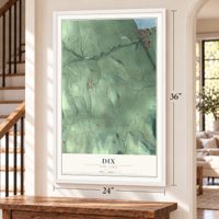 Dix, New York map, 24 x 36 inch print in a white frame by a staircase