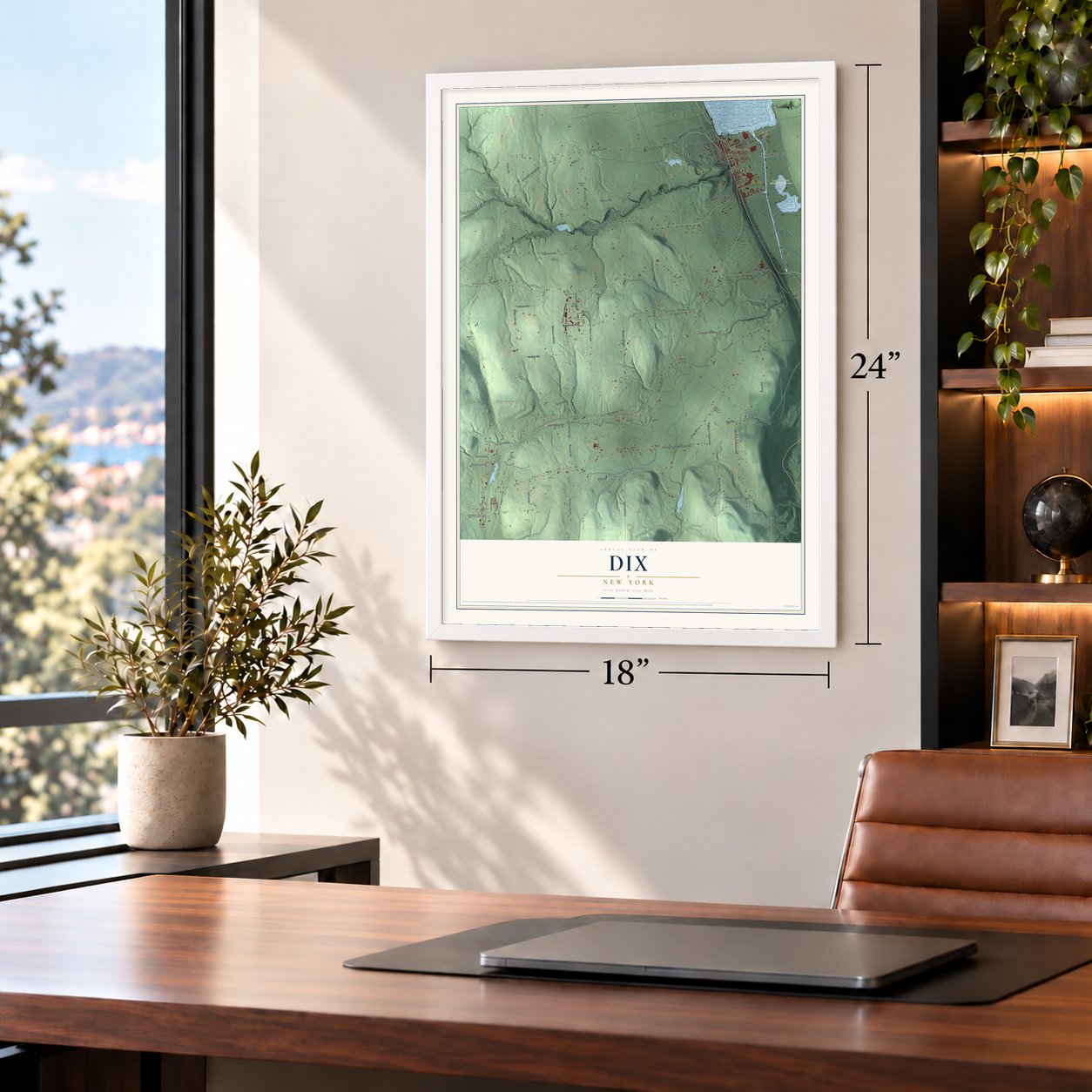 Dix, New York map, 18 x 24 inch print in a white frame in a home office