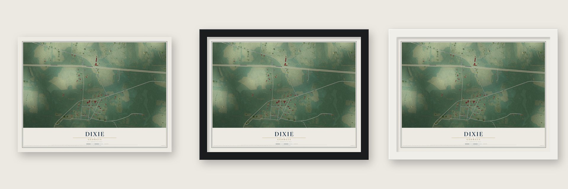 Dixie, Georgia map unframed, in a black wood frame and in a white wood frame