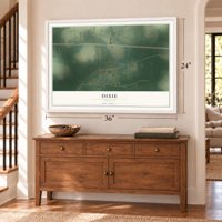 Dixie, Georgia map, 24 x 36 inch print in a white frame above a dresser by a staircase