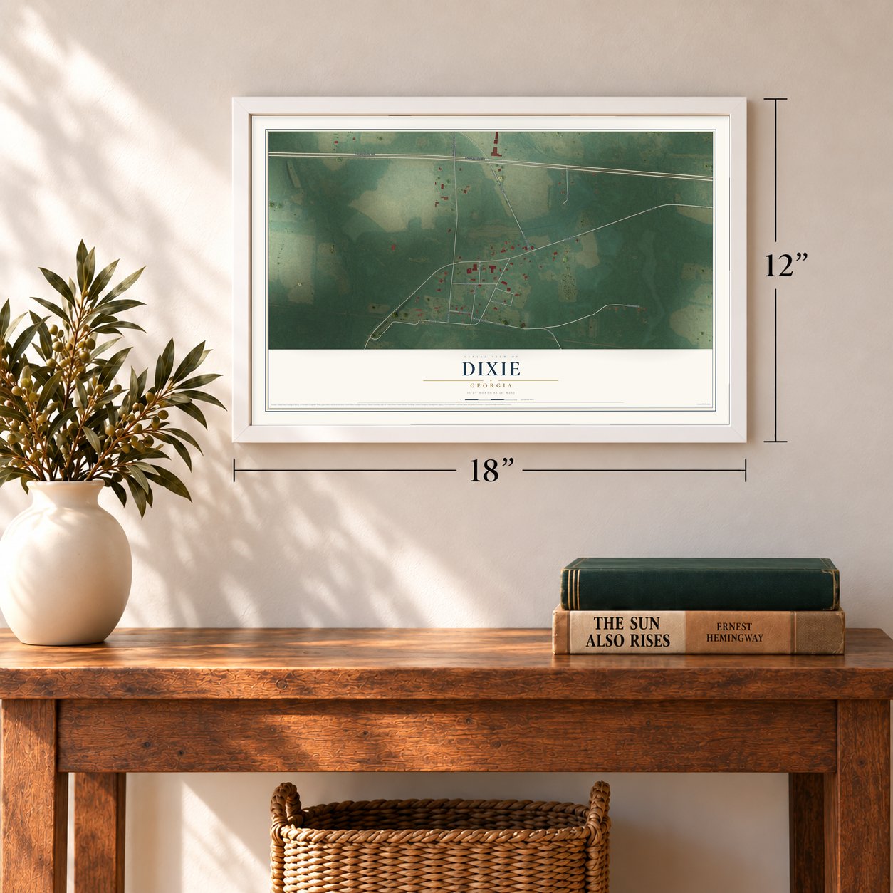 Dixie, Georgia map, 12 x 18 inch print in a white frame in an entryway