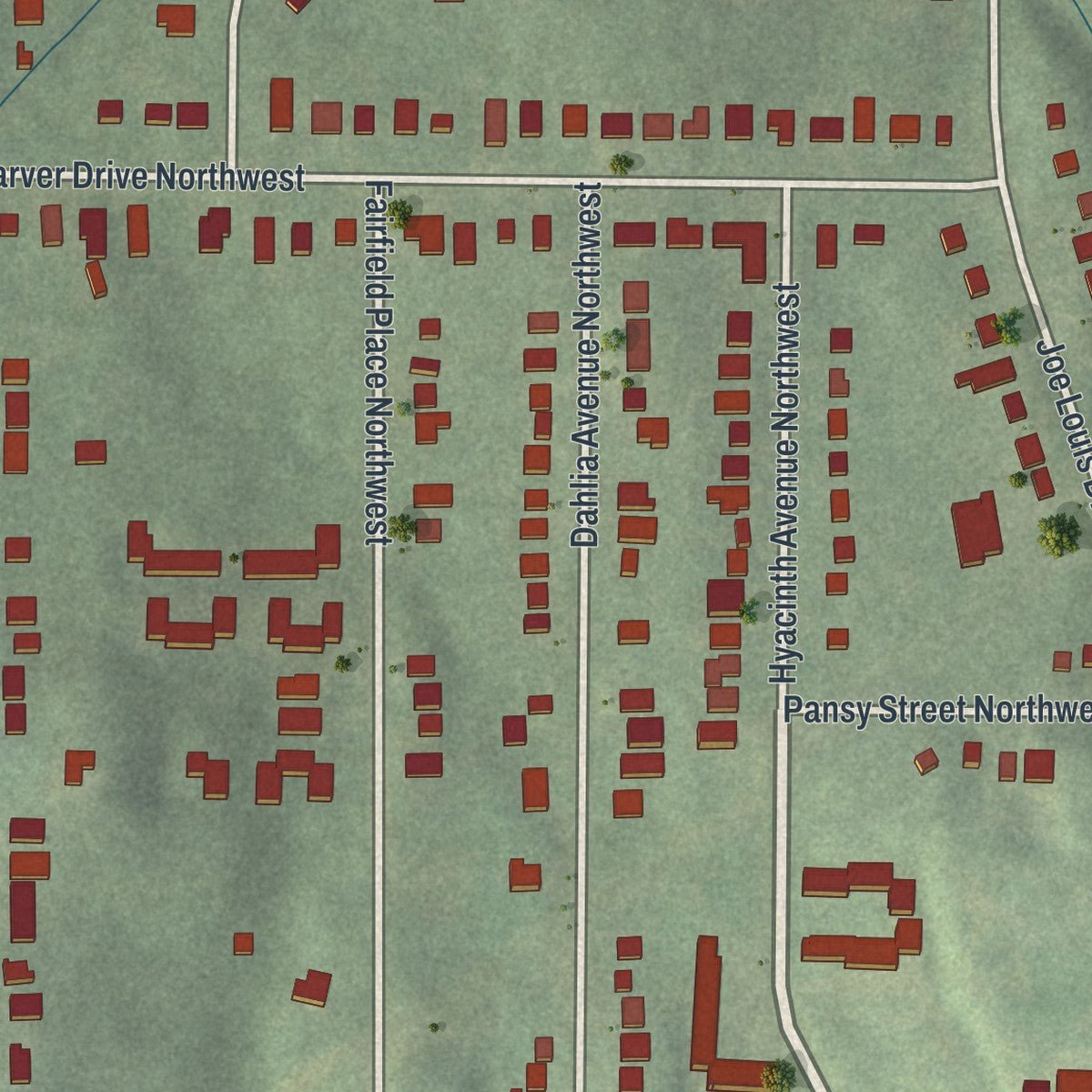 Second close-up of the map of Dixie Hills, Georgia print showing more streets and buildings