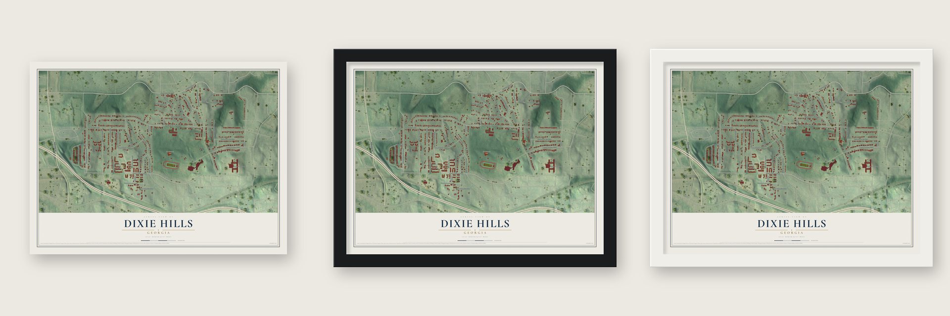 Dixie Hills, Georgia map unframed, in a black wood frame and in a white wood frame