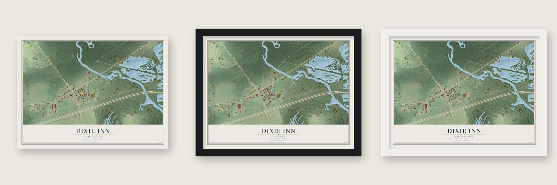 Dixie Inn, Louisiana map unframed, in a black wood frame and in a white wood frame