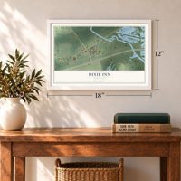 Dixie Inn, Louisiana map, 12 x 18 inch print in a white frame in an entryway