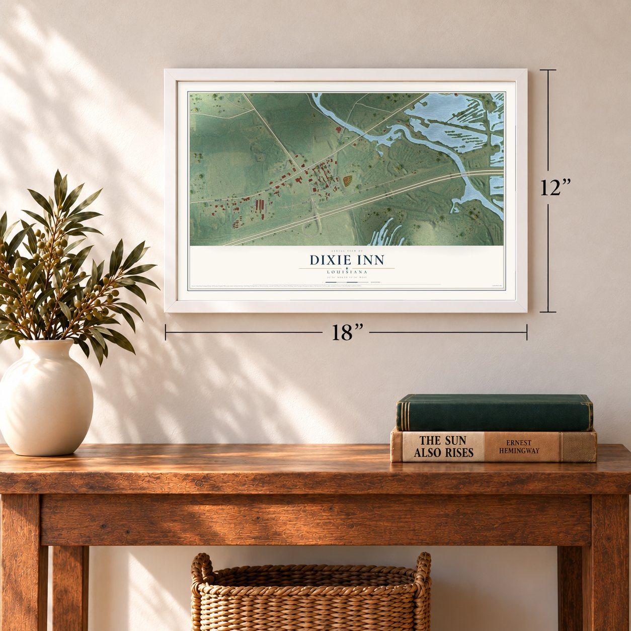 Dixie Inn, Louisiana map, 12 x 18 inch print in a white frame in an entryway