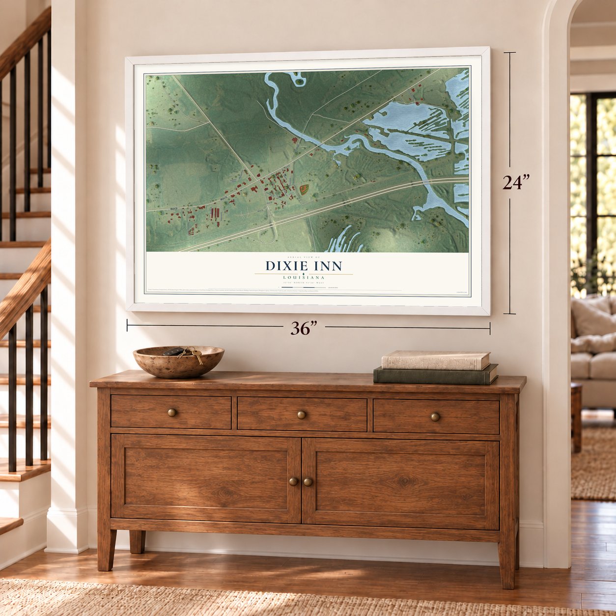 Dixie Inn, Louisiana map, 24 x 36 inch print in a white frame above a dresser by a staircase