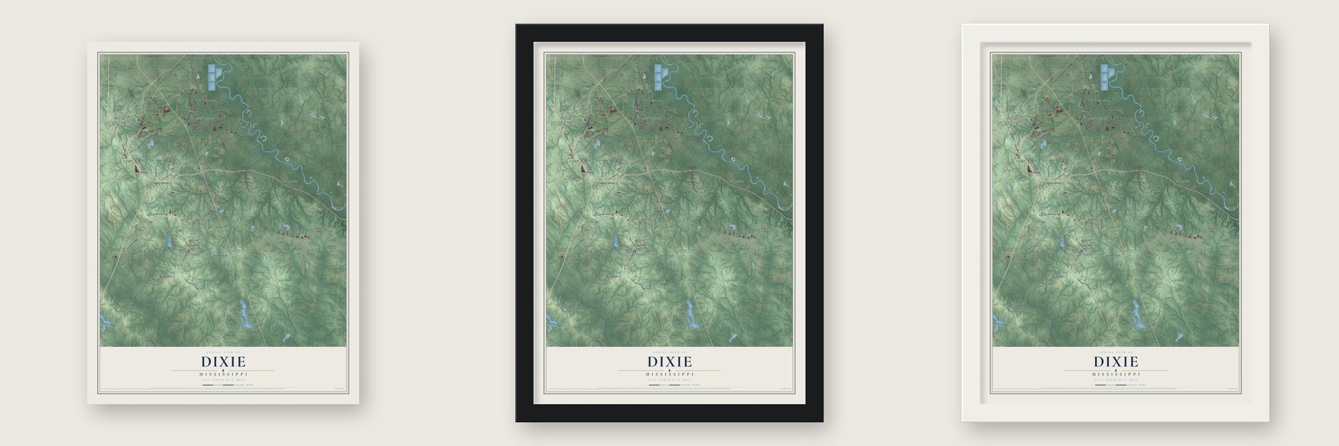 Dixie, Mississippi map unframed, in a black wood frame and in a white wood frame