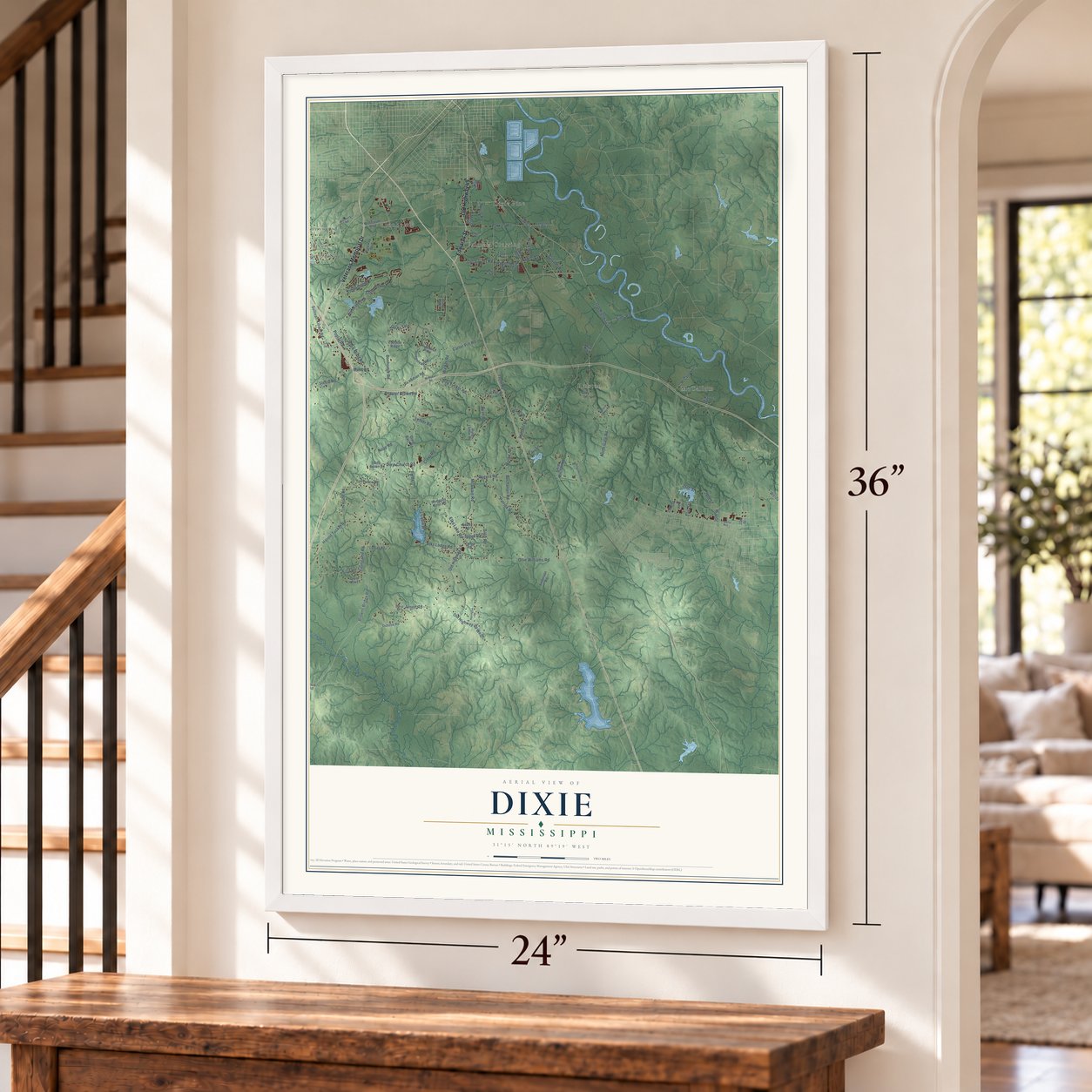 Dixie, Mississippi map, 24 x 36 inch print in a white frame by a staircase
