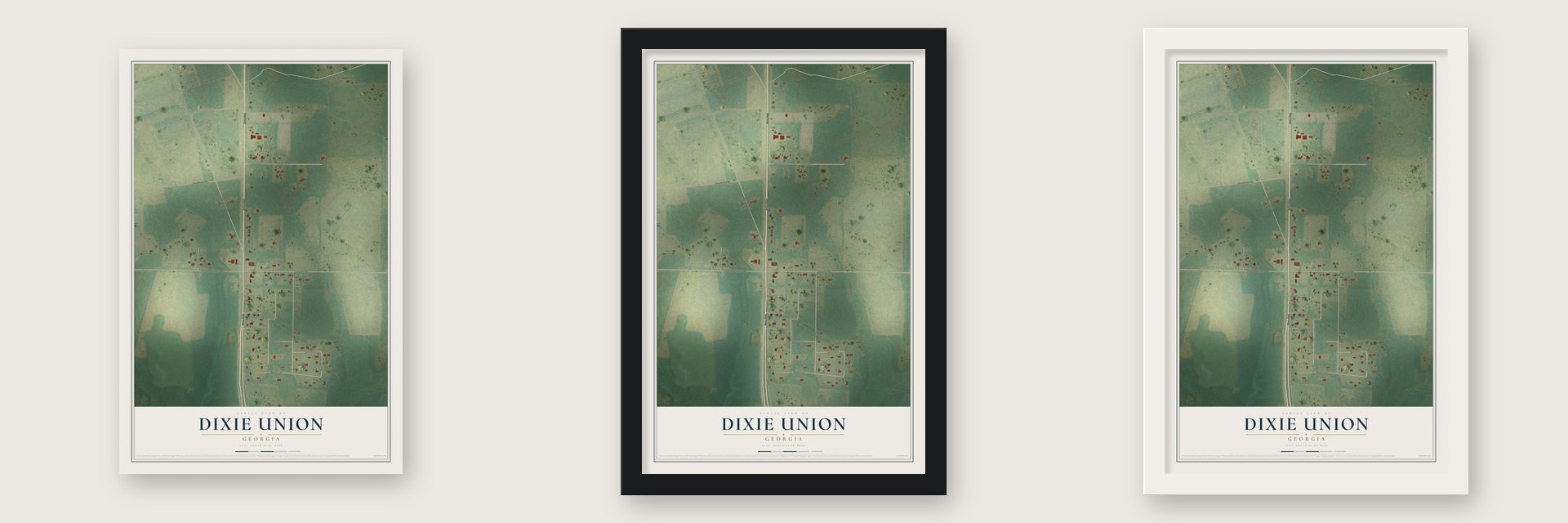 Dixie Union, Georgia map unframed, in a black wood frame and in a white wood frame