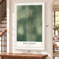 Dixie Union, Georgia map, 24 x 36 inch print in a white frame by a staircase