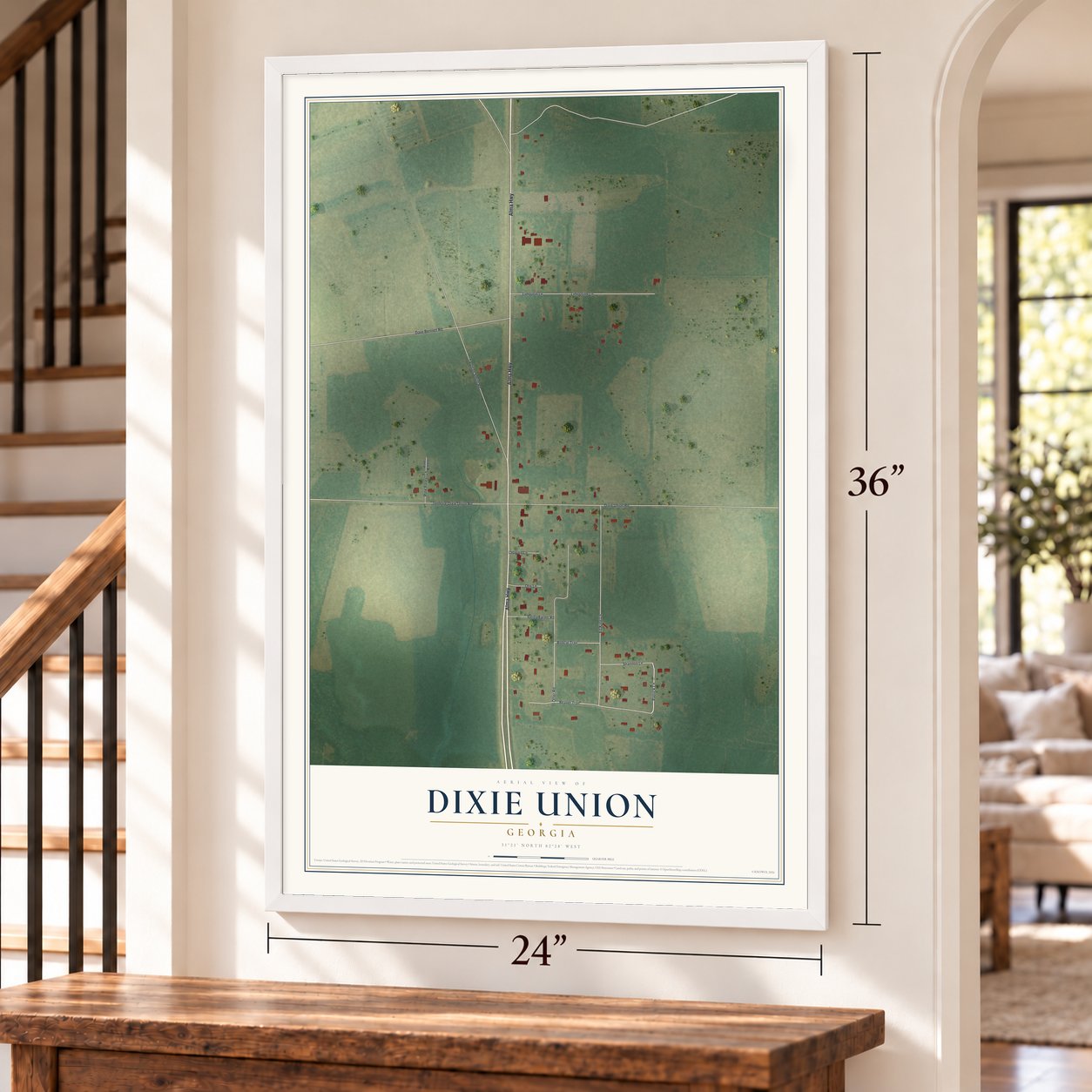 Dixie Union, Georgia map, 24 x 36 inch print in a white frame by a staircase