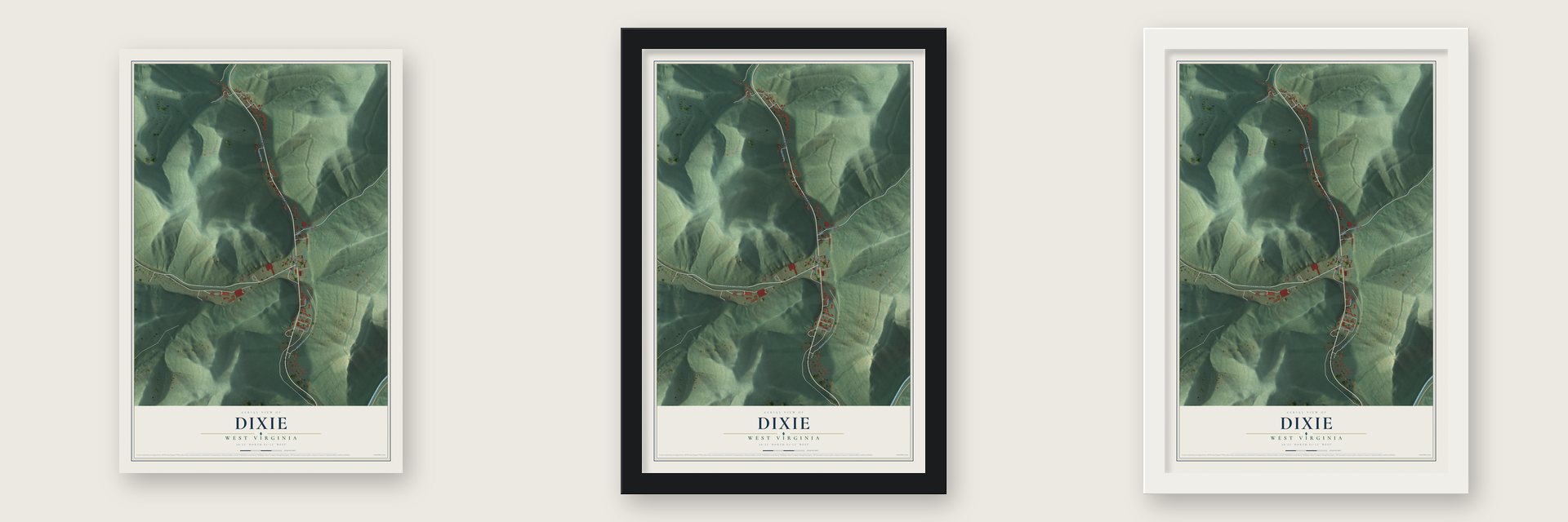 Dixie, West Virginia map unframed, in a black wood frame and in a white wood frame