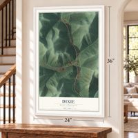 Dixie, West Virginia map, 24 x 36 inch print in a white frame by a staircase